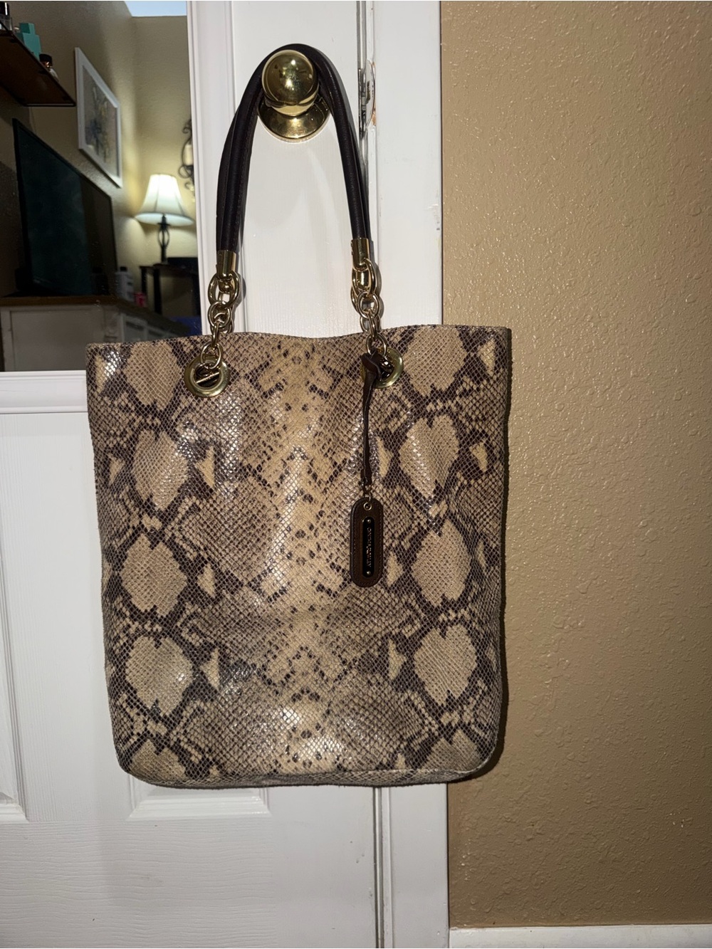 Cynthia Rowley Snake-Print Tote in Beige and Brown